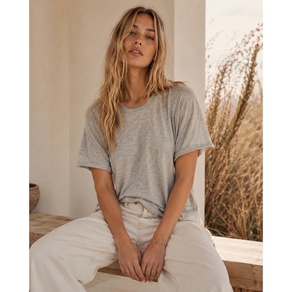 Quince Organic Cotton Cashmere Short Sleeve Sweater Tee Heather Gray Large